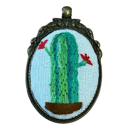 Embroidery Barrel Cactus Pendant ~ Handmade Jewelry - Picture 2 of 4